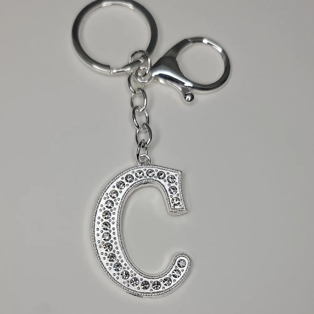Letter C Initial C Alphabet C Rhinestone Silver Key Chain Bag Charm - Picture 1 of 8